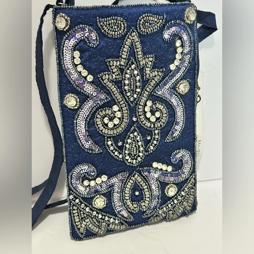 Bamboo Trading Co. Delightful Denim hand-beaded crossbody/wristlet club bag NWT